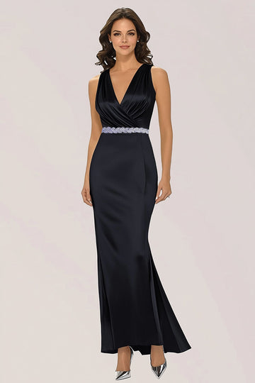 Sirène noire scintillante Wrap perlé col en V Robe longue formelle